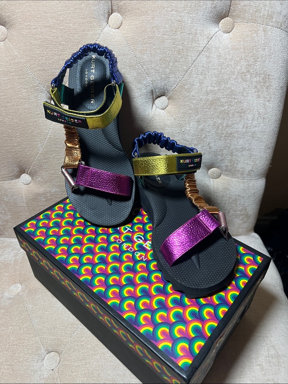 Kurt Geiger Metallic Purple & Gold Multi-Accent Black Sandals